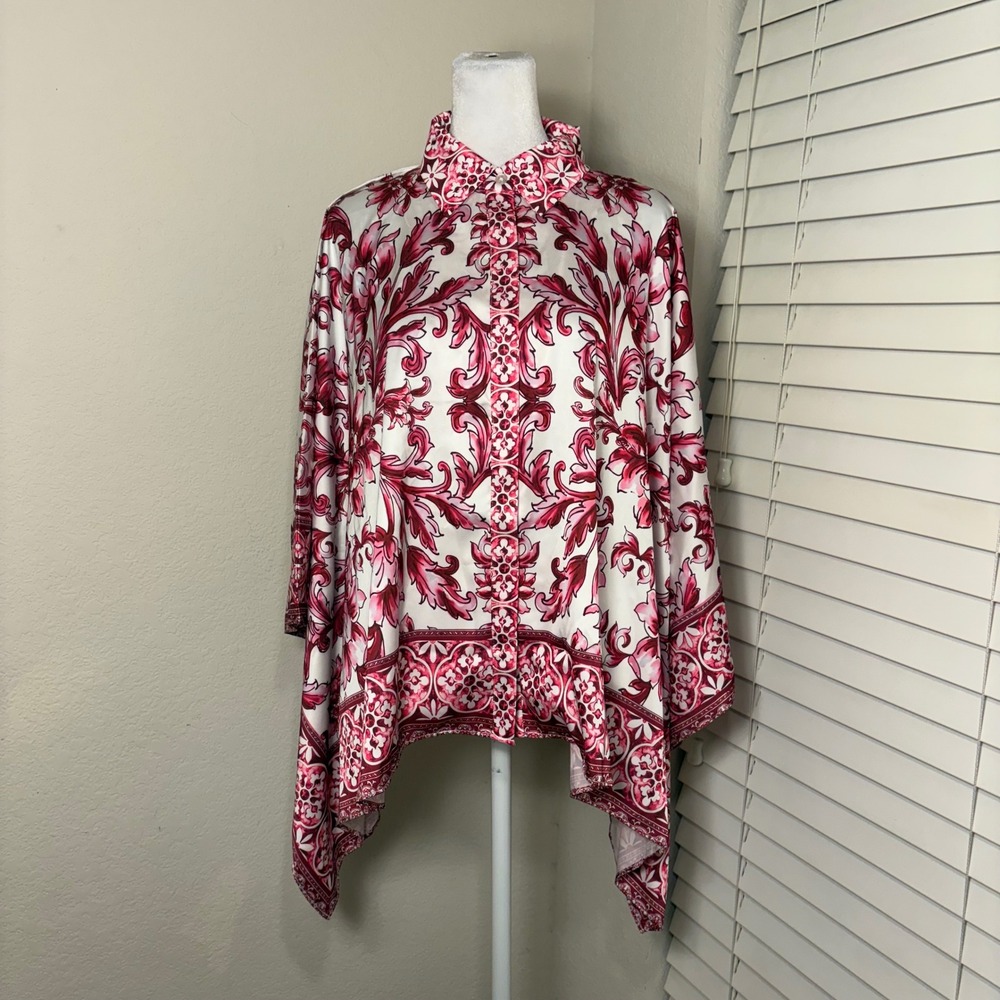 Boston Proper L/XL pink white geometric floral satin poncho batwing kaftan top